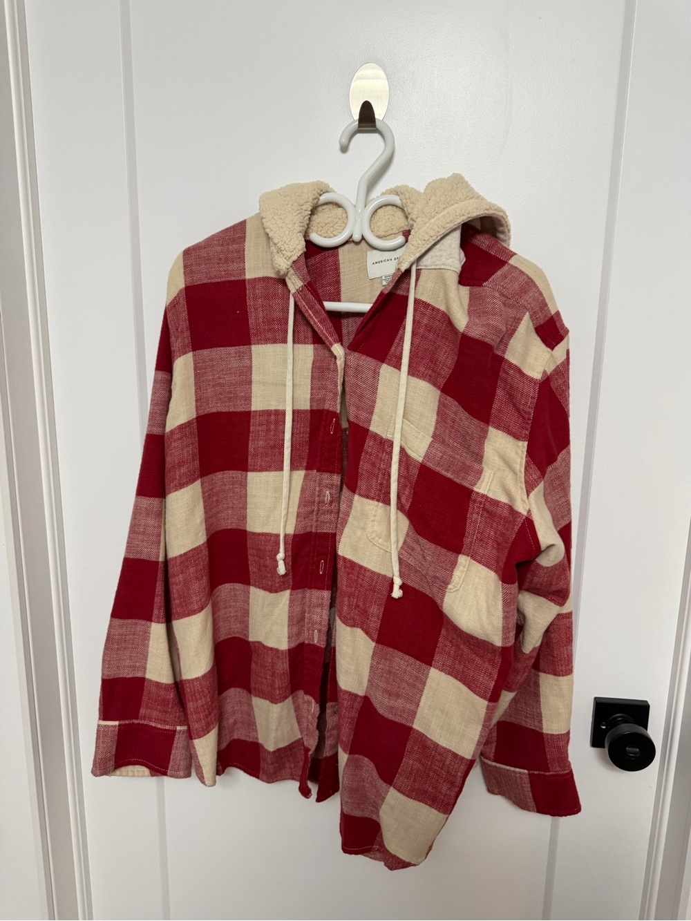 American Eagle Outfitters Red & Cream Plaid Hooded Flannel